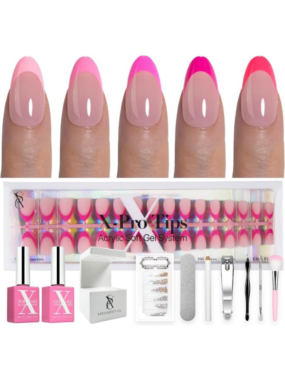 French Tip Press On Nails Starter Kit - 160PCS, Short Almond, 5 Styles